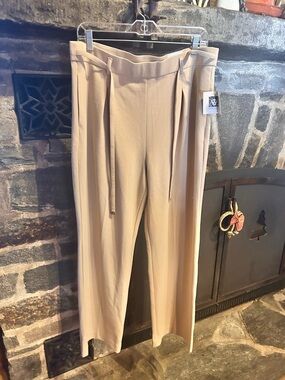 Anne Klein Beige High-Waist Pleated Wide-Leg Drawstring Pants